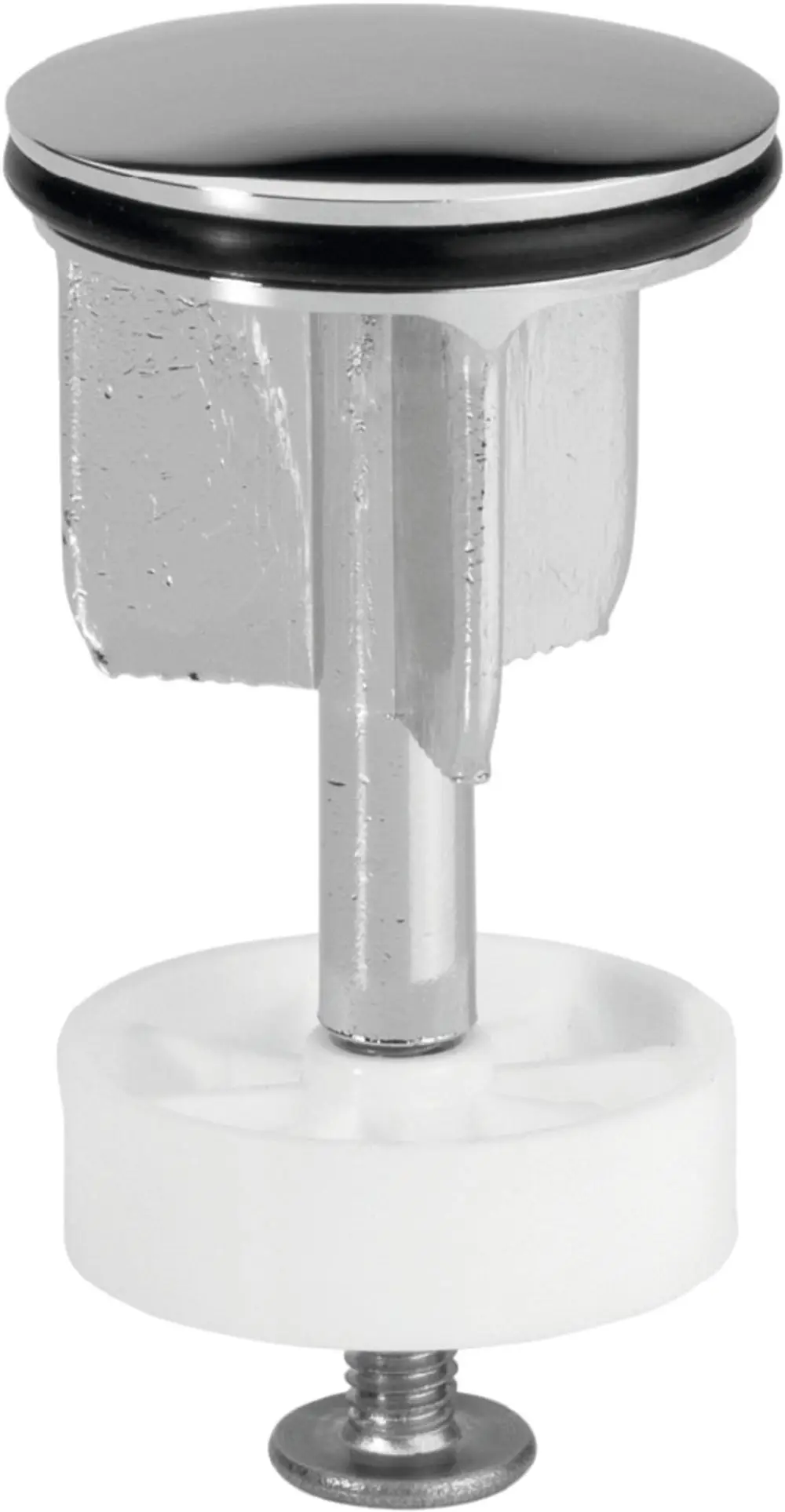 Ablaufstopfen aus Chrom mit schwarzem Gummi. Der Mechanismus für die Wasserregulierung ist klar erkennbar. Ideal Standard Produkt für die Anwendung in Waschbecken oder Duschen.